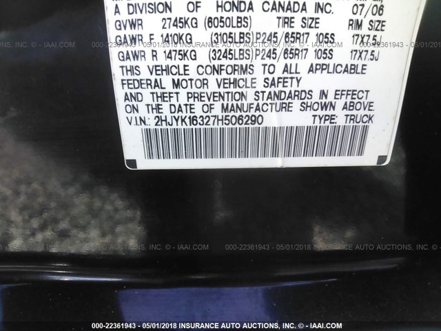 2HJYK16327H506290 - 2007 HONDA RIDGELINE RTX BLACK photo 9