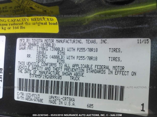 5TFRM5F19GX099105 - 2016 TOYOTA TUNDRA DOUBLE CAB SR/SR5 GRAY photo 9