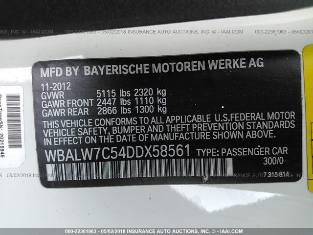 WBALW7C54DDX58561 - 2013 BMW 640 I WHITE photo 9