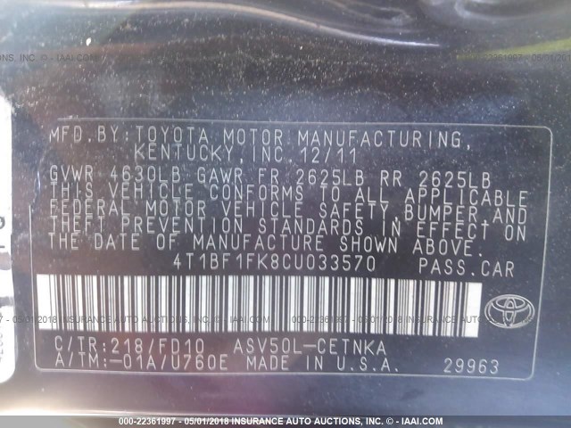 4T1BF1FK8CU033570 - 2012 TOYOTA CAMRY SE/LE/XLE BLACK photo 9