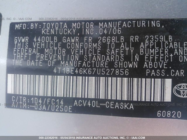 4T1BE46K67U527856 - 2007 TOYOTA CAMRY NEW GENERAT CE/LE/XLE/SE SILVER photo 9