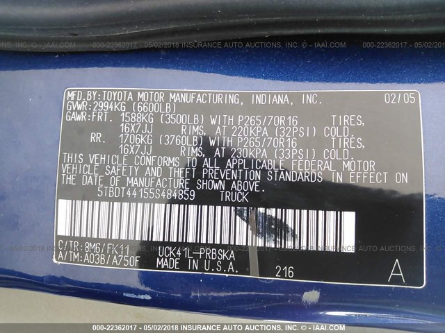 5TBDT44155S484859 - 2005 TOYOTA TUNDRA DOUBLE CAB SR5 BLUE photo 9