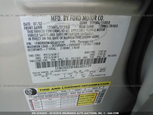 1FMDK02W48GA05729 - 2008 FORD TAURUS X SEL CREAM photo 9