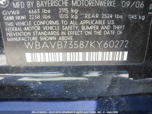 WBAVB73587KY60272 - 2007 BMW 335 I BLACK photo 9