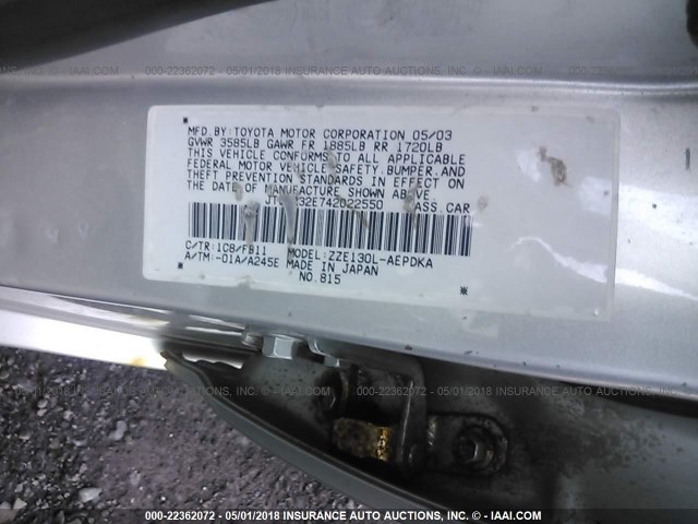 JTDBR32E742022550 - 2004 TOYOTA COROLLA CE/LE SILVER photo 9