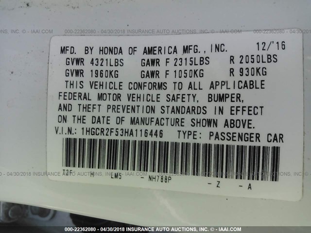 1HGCR2F53HA116446 - 2017 HONDA ACCORD SPORT თეთრი ფოტო 9