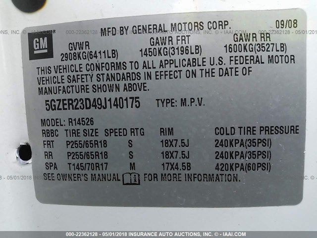 5GZER23D49J140175 - 2009 SATURN OUTLOOK XR თეთრი ფოტო 9