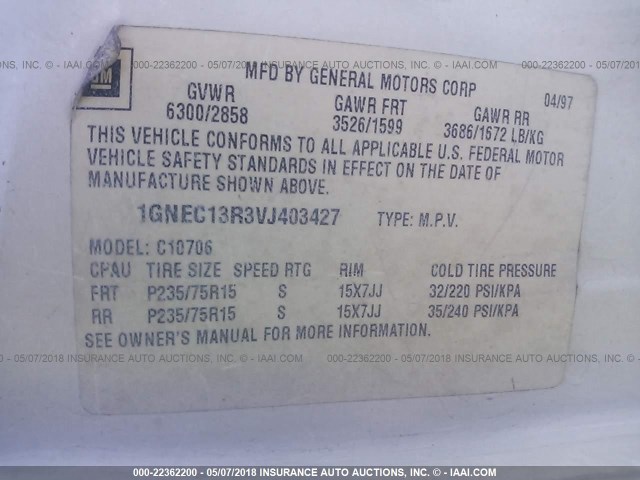 1GNEC13R3VJ403427 - 1997 CHEVROLET TAHOE C1500 WHITE photo 9