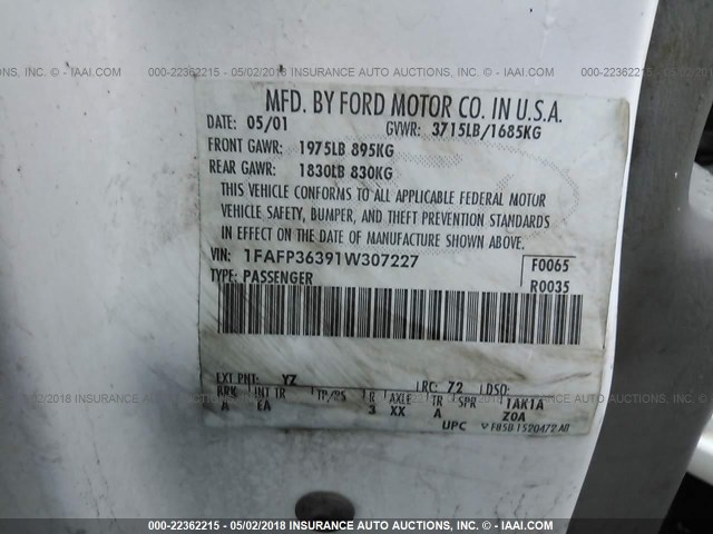 1FAFP36391W307227 - 2001 FORD FOCUS SE/SE COMFORT WHITE photo 9