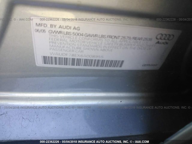 WAUDF78EX6A008955 - 2006 AUDI A4 2.0T QUATTRO GRAY photo 9