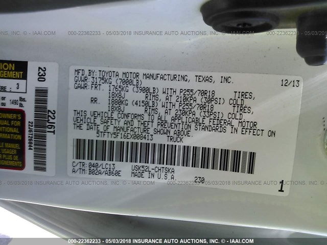 5TFTY5F16EX008413 - 2014 TOYOTA TUNDRA DOUBLE CAB SR/SR5 WHITE photo 9