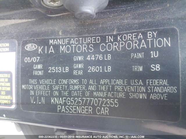 KNAFG525777072355 - 2007 KIA RONDO LX/EX GRAY photo 9