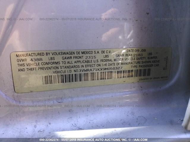 3VWRA71KX9M050327 - 2009 VOLKSWAGEN JETTA WOLFSBURG 银色 照片 9