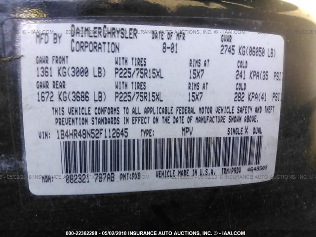1B4HR48N52F112645 - 2002 DODGE DURANGO SLT BLACK photo 9