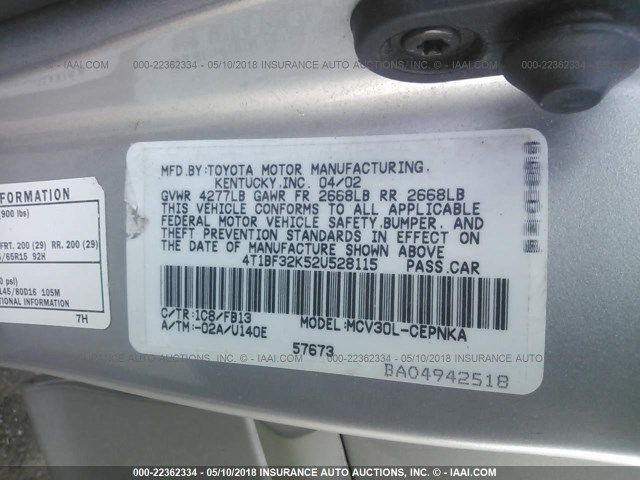 4T1BF32K52U528115 - 2002 TOYOTA CAMRY LE/XLE/SE ვერცხლისფერი ფოტო 9