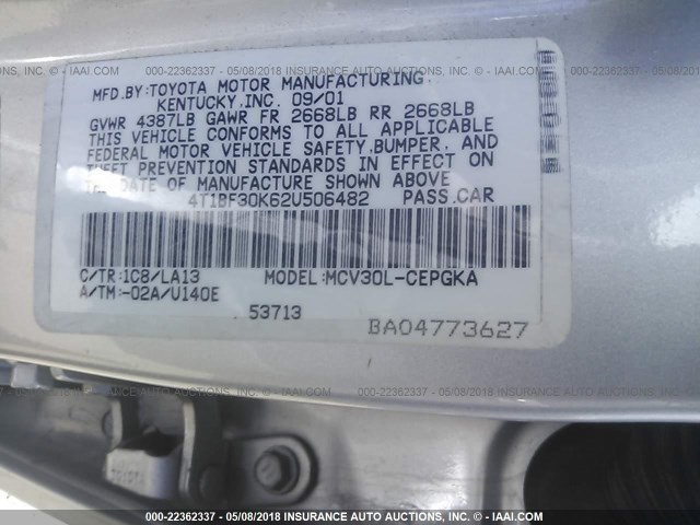 4T1BF30K62U506482 - 2002 TOYOTA CAMRY LE/XLE/SE SILVER photo 9
