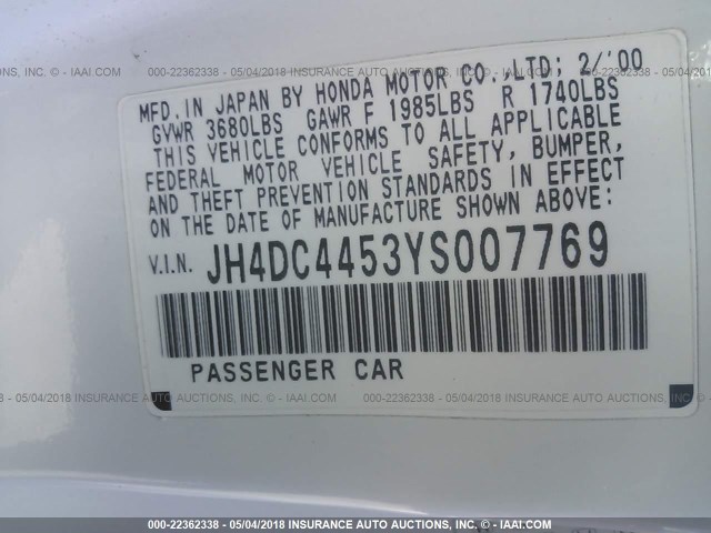 JH4DC4453YS007769 - 2000 ACURA INTEGRA LS WHITE photo 9