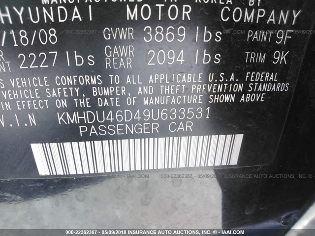 KMHDU46D49U633531 - 2009 HYUNDAI ELANTRA GLS/SE BLACK photo 9