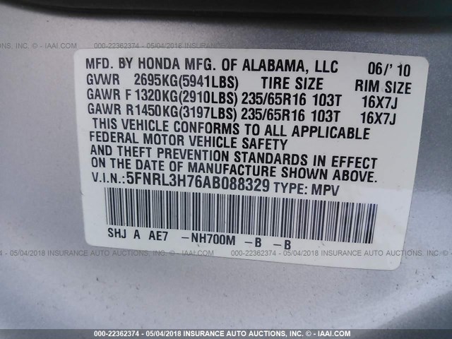 5FNRL3H76AB088329 - 2010 HONDA ODYSSEY EXL GRAY photo 9