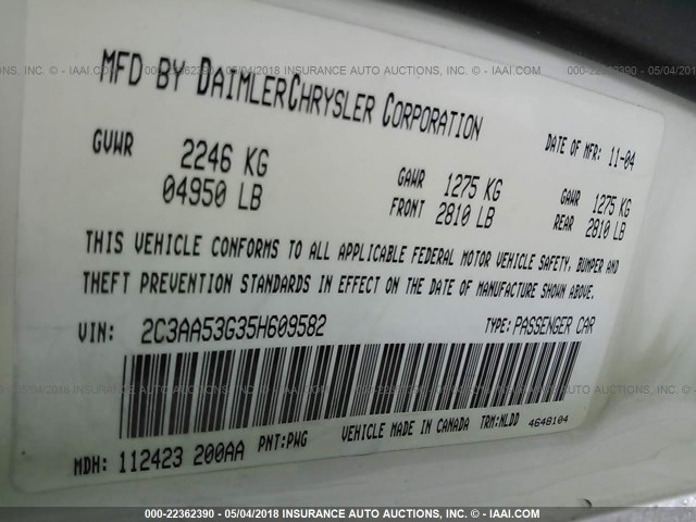 2C3AA53G35H609582 - 2005 CHRYSLER 300 TOURING CREAM photo 9