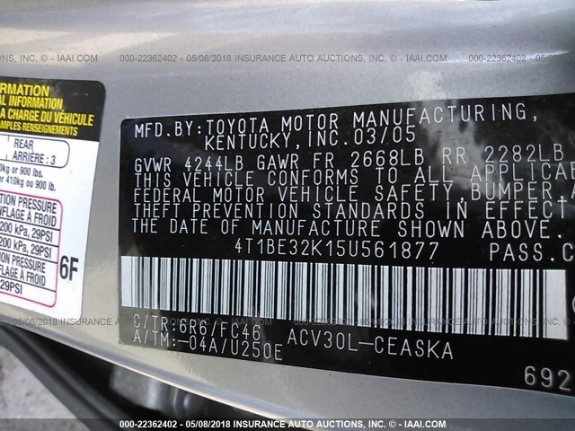 4T1BE32K15U561877 - 2005 TOYOTA CAMRY LE/XLE/SE GRAY photo 9