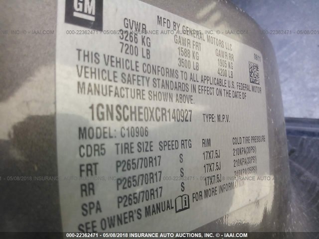 1GNSCHE0XCR140927 - 2012 CHEVROLET SUBURBAN C1500  LS GOLD photo 9