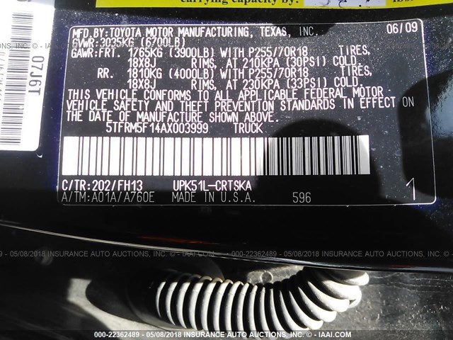 5TFRM5F14AX003999 - 2010 TOYOTA TUNDRA DOUBLE CAB SR5 BLACK photo 9