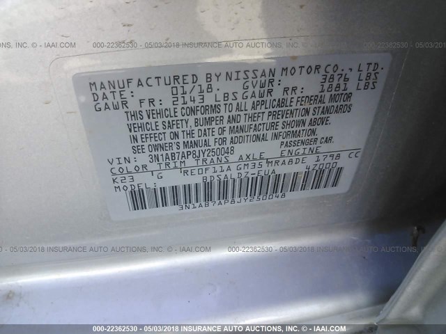 3N1AB7AP8JY250048 - 2018 NISSAN SENTRA S/SV/SR/SL SILVER photo 9