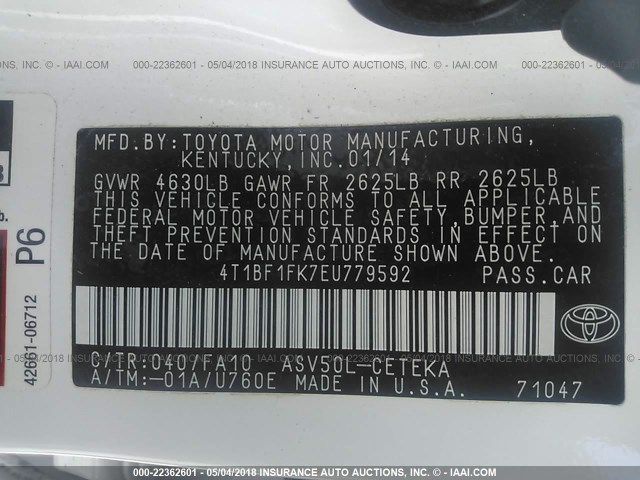 4T1BF1FK7EU779592 - 2014 TOYOTA CAMRY L/SE/LE/XLE 白色 照片 9