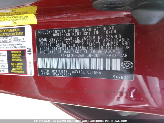 4T4BF3EK0AR056230 - 2010 TOYOTA CAMRY SE/LE/XLE RED photo 9