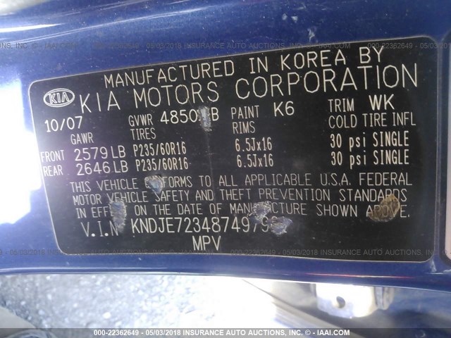 KNDJE723487497921 - 2008 KIA SPORTAGE EX/LX BLUE photo 9