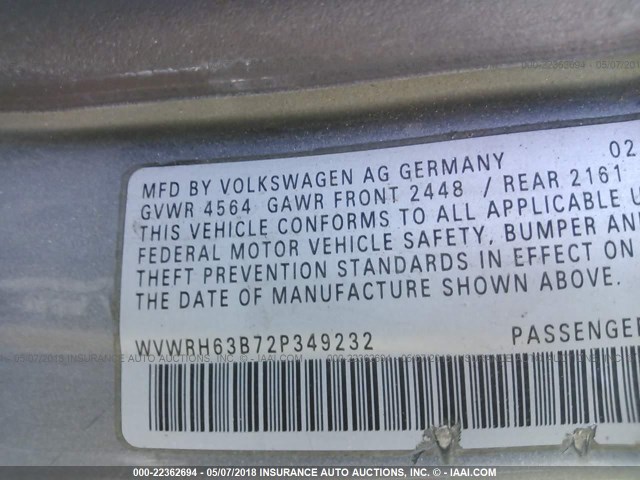 WVWRH63B72P349232 - 2002 VOLKSWAGEN PASSAT GLX 灰色 照片 9