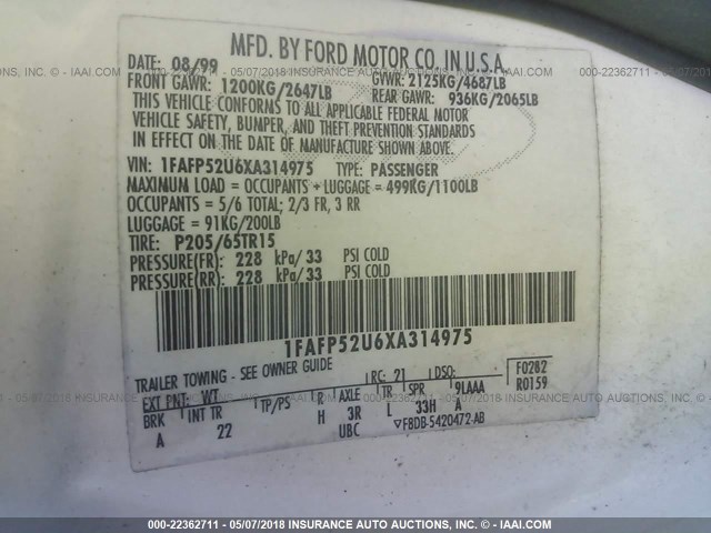 1FAFP52U6XA314975 - 1999 FORD TAURUS LX WHITE photo 9