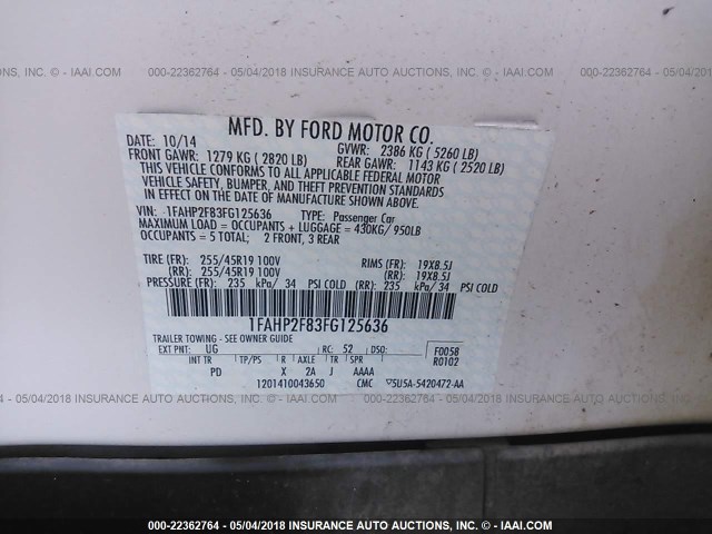 1FAHP2F83FG125636 - 2015 FORD TAURUS LIMITED WHITE photo 9