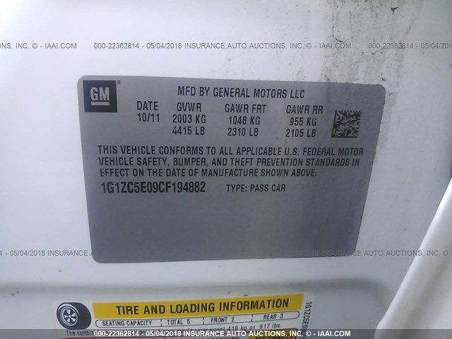 1G1ZC5E09CF194882 - 2012 CHEVROLET MALIBU 1LT თეთრი ფოტო 9