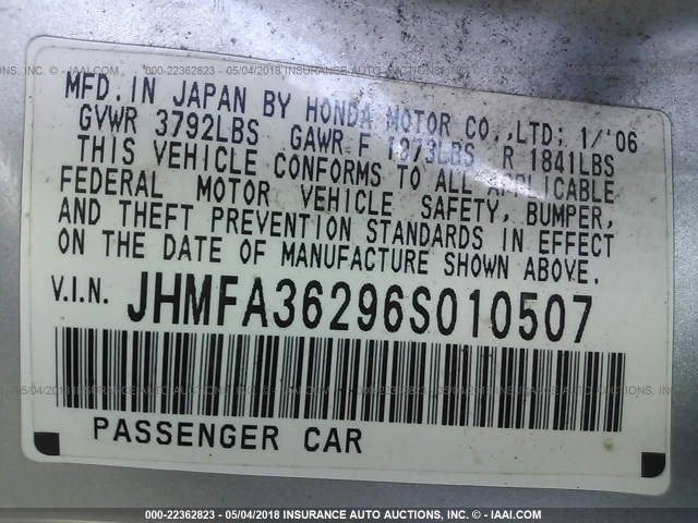 JHMFA36296S010507 - 2006 HONDA CIVIC HYBRID SILVER photo 9