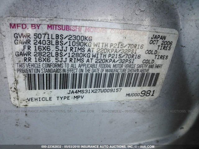 JA4MS31X27U009157 - 2007 MITSUBISHI OUTLANDER ES/LS Gümüş foto 9