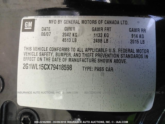 2G1WL15CX79418598 - 2007 CHEVROLET MONTE CARLO SS შავი ფოტო 9
