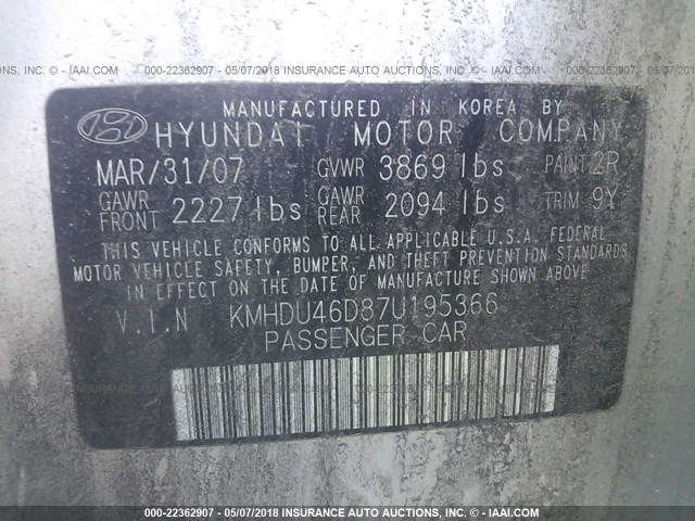 KMHDU46D87U195366 - 2007 HYUNDAI ELANTRA GLS/SE/LIMITED SILVER photo 9