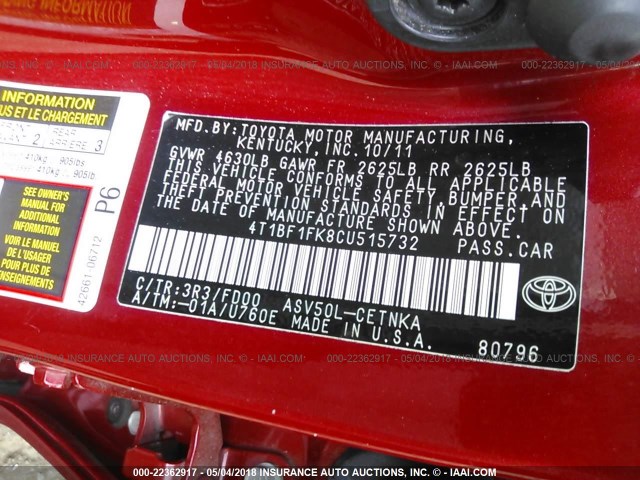 4T1BF1FK8CU515732 - 2012 TOYOTA CAMRY SE/LE/XLE RED photo 9