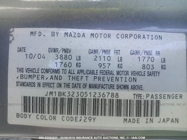 JM1BK323051236788 - 2005 MAZDA 3 S GRAY photo 9