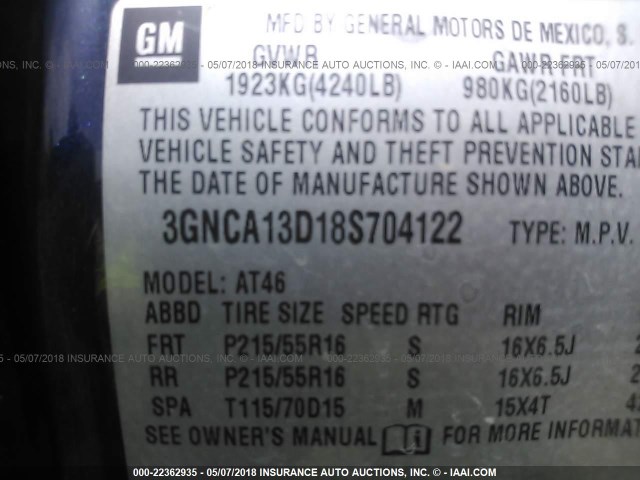 3GNCA13D18S704122 - 2008 CHEVROLET HHR LS BLUE photo 9