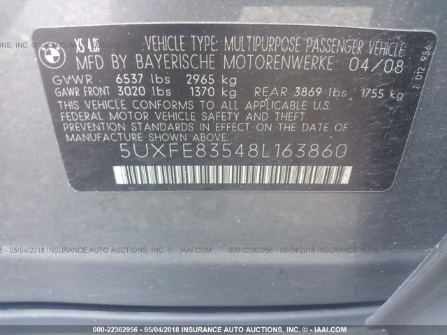 5UXFE83548L163860 - 2008 BMW X5 4.8I GRAY photo 9