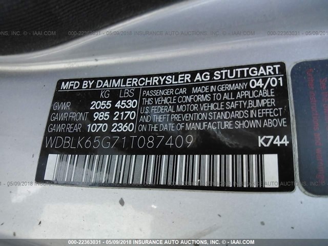 WDBLK65G71T087409 - 2001 MERCEDES-BENZ CLK 320 SILVER photo 9