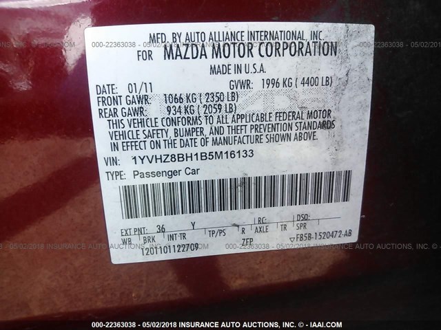 1YVHZ8BH1B5M16133 - 2011 MAZDA 6 I RED photo 9