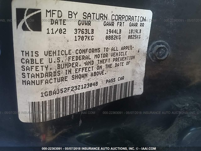 1G8AJ52F23Z123048 - 2003 SATURN ION LEVEL 2 WHITE photo 9