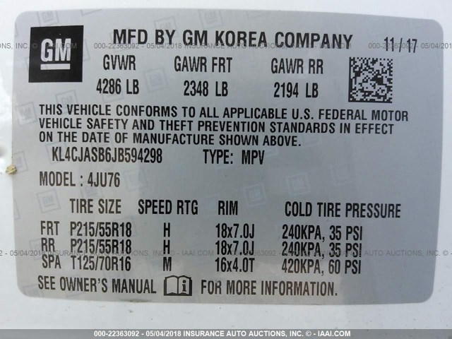 KL4CJASB6JB594298 - 2018 BUICK ENCORE PREFERRED Ақ фото 9