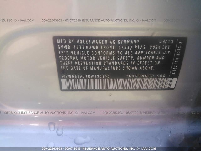 WVWDB7AJ7DW133255 - 2013 VOLKSWAGEN GOLF SILVER photo 9