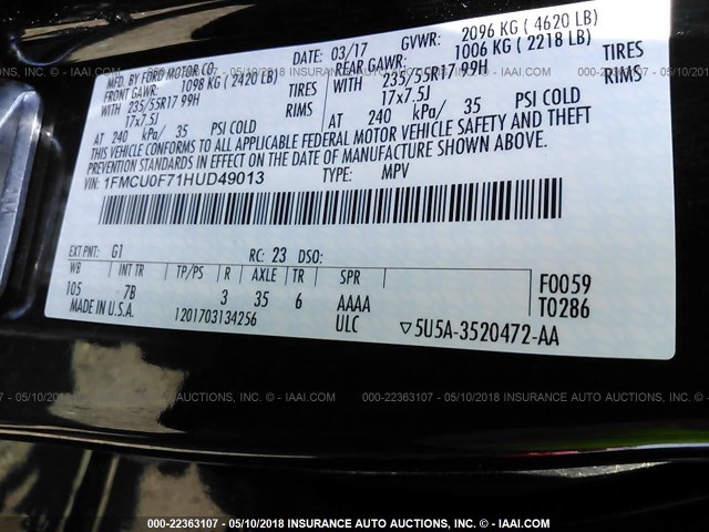 1FMCU0F71HUD49013 - 2017 FORD ESCAPE S BLACK photo 9