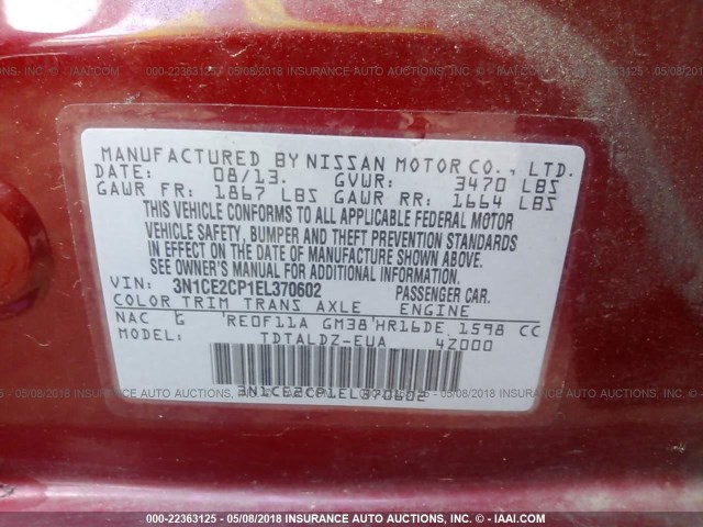 3N1CE2CP1EL370602 - 2014 NISSAN VERSA NOTE S/S PLUS/SV/SL RED photo 9